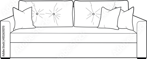 Line art, simple image of a sofa with pillows, interior items