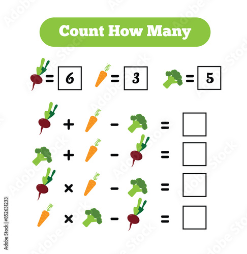 Counting Game for Children How Many Vegetables. Educational materials for kindergarten child