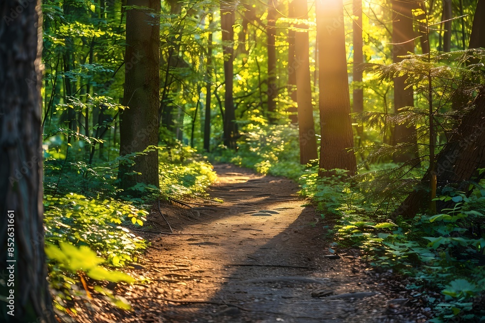 Obraz premium Forest trail sunlight filtering through trees natural pathways, parks, environment, high-resolution, nature