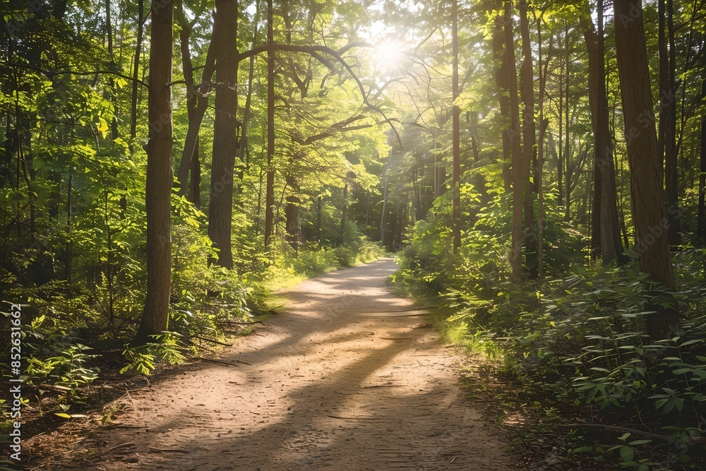 Fototapeta premium Forest trail sunlight filtering through trees natural pathways, parks, environment, high-resolution, nature