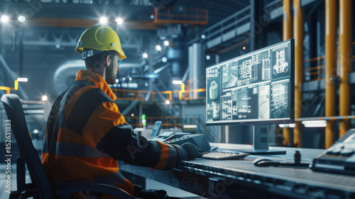 Industrial technician in a hard hat managing complex systems via advanced touch-screen interface in a modern manufacturing plant. © VK Studio