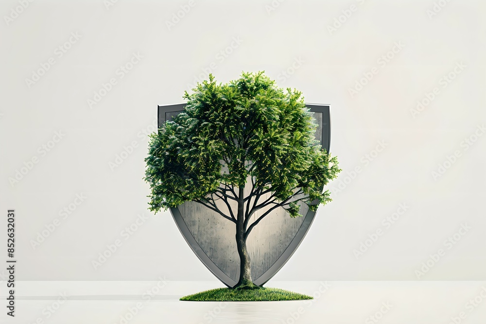 Fototapeta premium Shield surrounding tree environmental insurance protection, nature, security, coverage, white