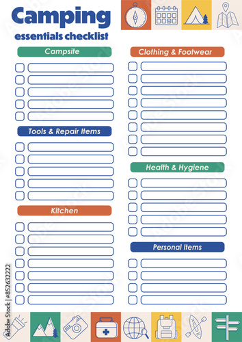 Camping packings checklist. Travel essentials list. Packing checklist for road trip, camping. Journey, vacation, active tourism. For travel guide, active tourists. Packing must haves for wandering.