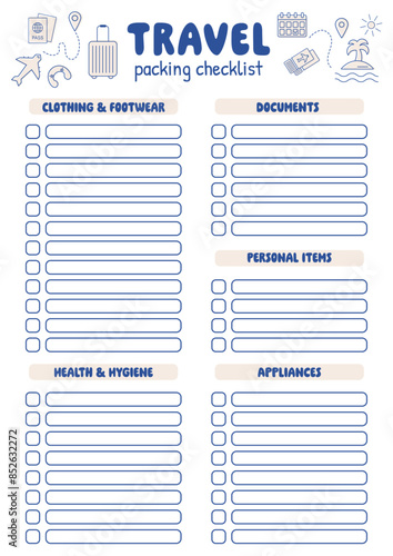 Travel packing checklist, travel planner printable template. Packing checklist, organizer for traveling, trip, cruise, summer holidays, beach vacation, road trip or camping. Preparing for journey.