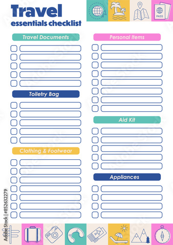 Travel essentials checklist, vacation planner printable template. Traveling Packing checklist. Organizer for trip, cruise, summer holidays, beach vacation, road trip, camping. Preparing for journey.