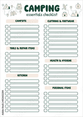 Camping packings checklist. Travel essentials list. Packing checklist for road trip, camping. Journey, vacation, active tourism. For travel guide, active tourists. Packing must haves for wandering.