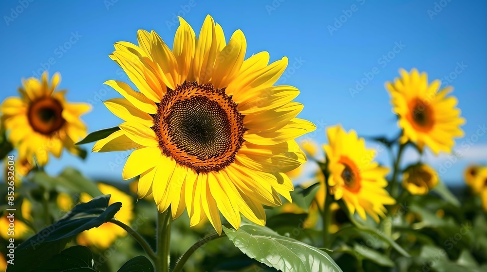 Sunflower field full bloom clear blue sky, vibrant, colors, cheerful, summer Sunflower field full bloom clear blue sky, vibrant, colors, cheerful, summer