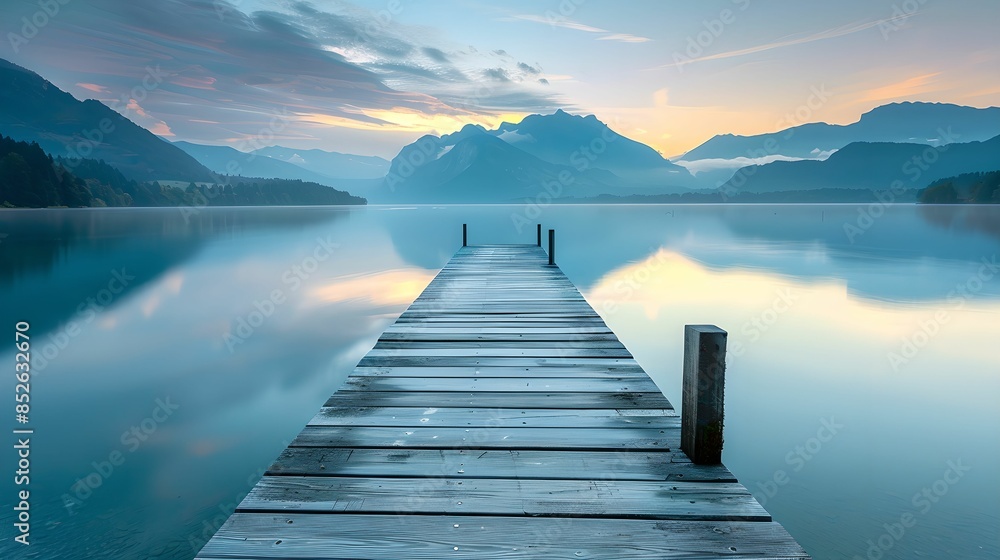 Naklejka premium Wooden pier calm lake mountains background, peaceful, scenic, beauty, summer