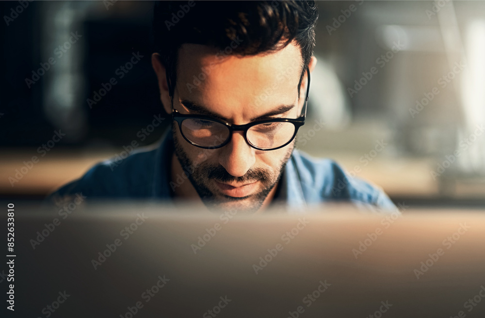 Business, night and man with computer, thinking and online reading for email, research for project and news reporter. Evening, editor or journalist with pc, problem solving and solution with internet Business, night and man with computer, thinking and online reading for email, research for project and news reporter. Evening, editor or journalist with pc, problem solving and solution with internet