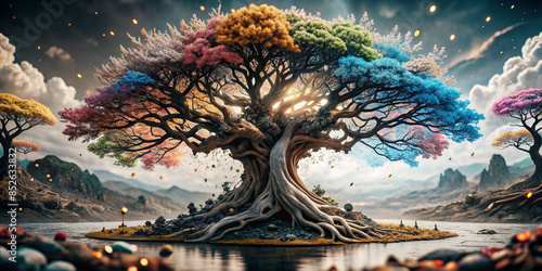 Lose yourself in the fantasy of a vibrant tree illustration on your desktop. This colorful 4k wallpaper adds a touch of magic to any screen
