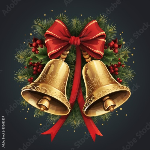 Festive Christmas Bells and Ribbon Vector Illustration on White Background