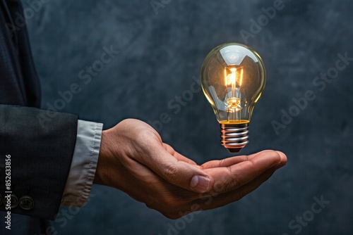 Glowing light bulb levitating over businessman's hand on dark background. Concept of innovation, creativity, and new ideas.
