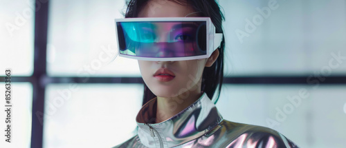 A woman wearing reflective VR goggles stands against a bright background, exuding a sense of modernity and digital immersion. photo