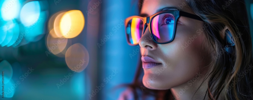A woman using blue light blocking glasses to reduce eye strain from digital devices A woman using blue light blocking glasses to reduce eye strain from digital devices