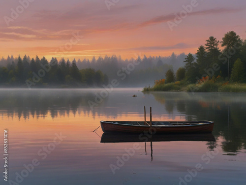 Lakeside at Dawn Calm water, morning mist, pink-orange sky, wooden dock with rowboat, lush greenery. © SOHAN-Creation