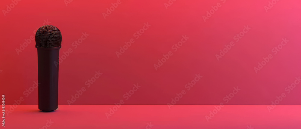 Fototapeta premium Black microphone with a deep red backdrop, epitomizing bold and dramatic audio equipment.