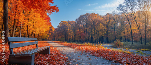A beautiful park in autumn, with deciduous trees in shades of red, orange and yellow. Wooden benches are placed along the winding walkway, inviting visitors to sit and relax. Image was generated by AI photo