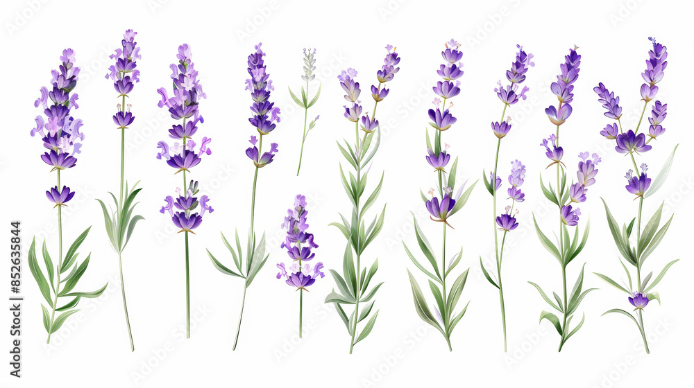 Naklejka premium Aesthetic watercolor of lavender flowers Delicate romantic pattern on a white background. Generative AI