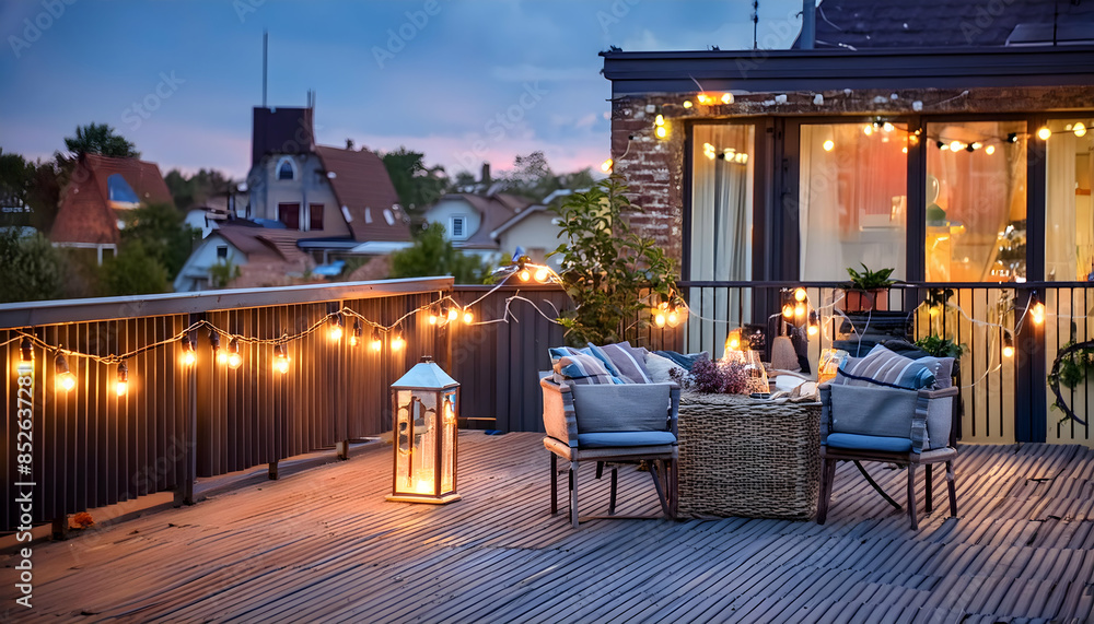 Obraz premium charming rooftop terrace String lights and lanterns transforming a wooden deck into a charming space Outdoor living space decorated bathed in the warm glow