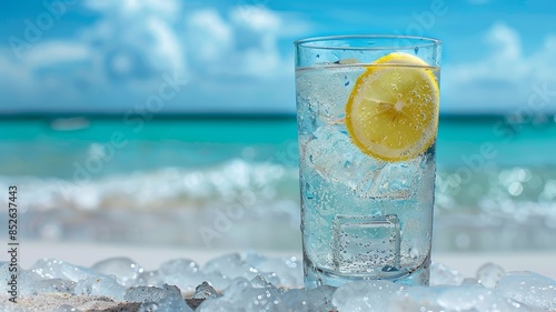 Refreshing Lemon Water on a Tropical Beach with Clear Blue Skies