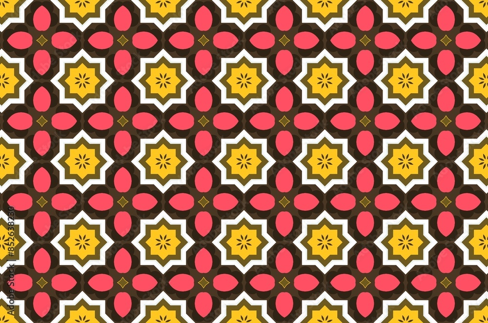 A pattern of flowers and leaves in a bright color scheme A pattern of flowers and leaves in a bright color scheme