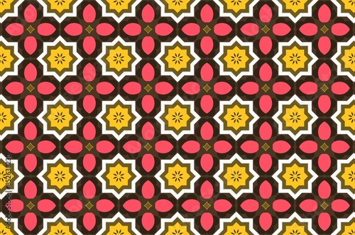 A pattern of flowers and leaves in a bright color scheme