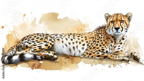 A detailed watercolor illustration of a cheetah lying down, capturing the grace and elegance of this majestic wild cat.