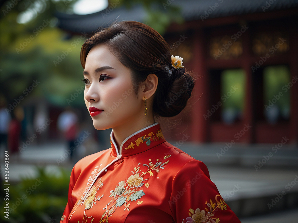 Fototapeta premium Chinese Woman in a Traditional Cheongsam / Qipao
