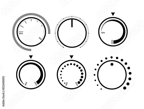 Adjustment dial. Rotary dials with round scale volume level knob and round controller