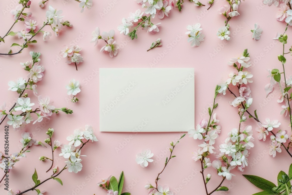 Spring Floral Mockup with Blank Card Surrounded by Pastel Flowers - Generative AI Spring Floral Mockup with Blank Card Surrounded by Pastel Flowers - Generative AI