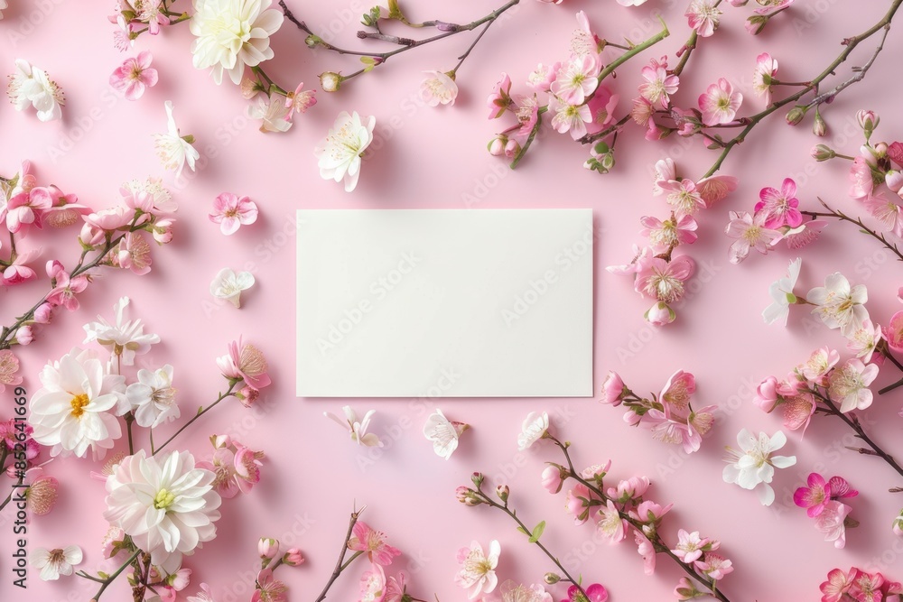 Fototapeta premium Spring Floral Mockup with Blank Card Surrounded by Pastel Flowers - Generative AI
