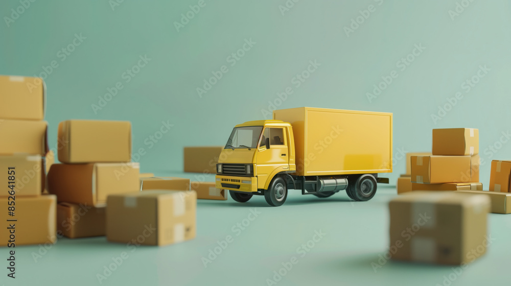 A toy moving truck with cardboard boxes. Transportation and delivery concept. Created with Generative AI technology. A toy moving truck with cardboard boxes. Transportation and delivery concept. Created with Generative AI technology.