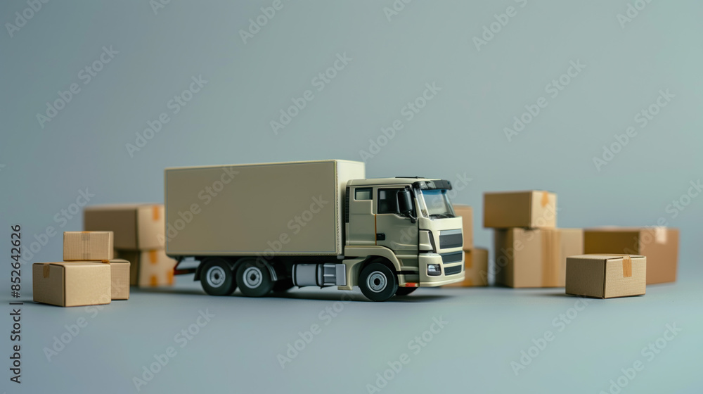 A toy moving truck with cardboard boxes. Transportation and delivery concept. Created with Generative AI technology. A toy moving truck with cardboard boxes. Transportation and delivery concept. Created with Generative AI technology.