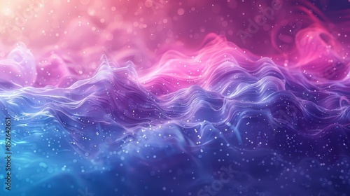 Abstract digital artwork featuring a background of pink and blue wavy lines with glittering lights