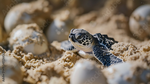 A close-up of a baby sea turtle hatching from its egg, surrounded by the soft sand 