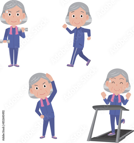 運動をする高齢女性のイラストセット