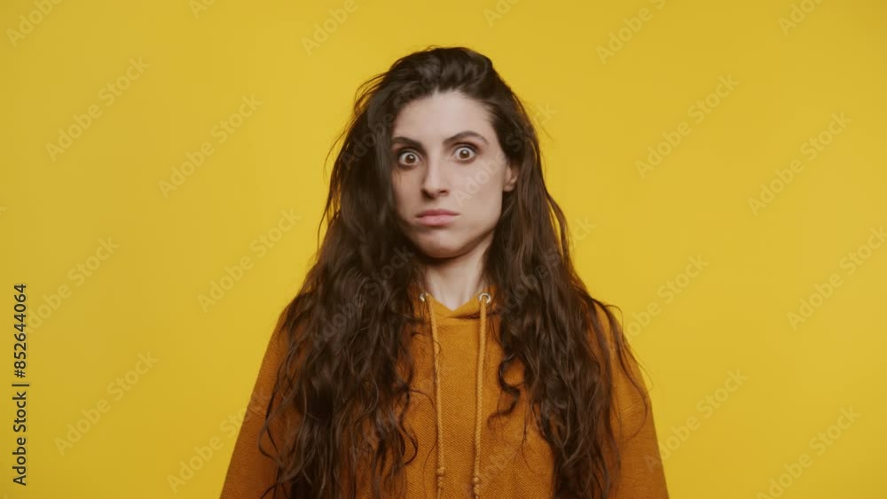 Woman Shaking Head in Disapproval Gesture on Yellow Woman Shaking Head in Disapproval Gesture on Yellow