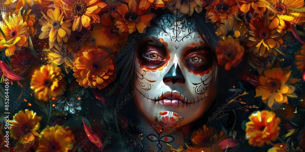 a image of a woman with a sugar skull face and flowers a image of a woman with a sugar skull face and flowers