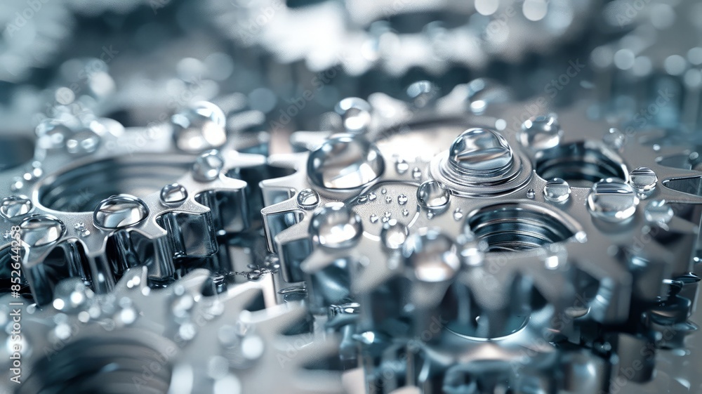 Macro View of Metallic Gears with Water Droplets Macro View of Metallic Gears with Water Droplets