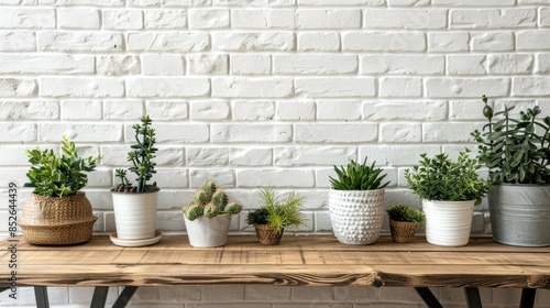 Wooden table with plant display next to white brick wall