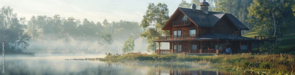 Large wooden house by the river, early morning, sunny foggy day, place for text. Banner Large wooden house by the river, early morning, sunny foggy day, place for text. Banner