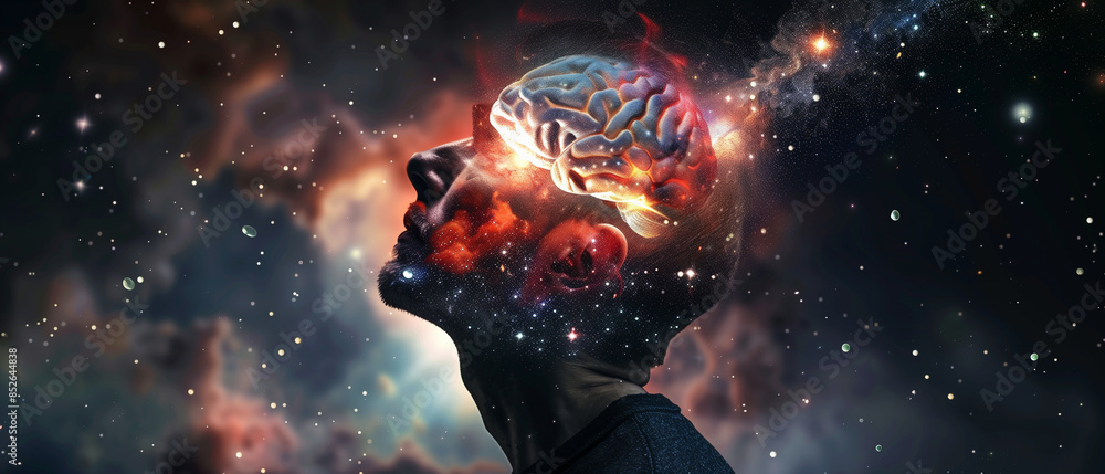 Fototapeta premium State of mind concept. Consciousness is a fundamental and ubiquitous aspect of the universe. Man portrait dark silhouette and consciousness represents colorful universe and space. Generative AI