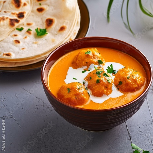 Indian mughlai special cuisine malai kofta curry served with chapati  photo