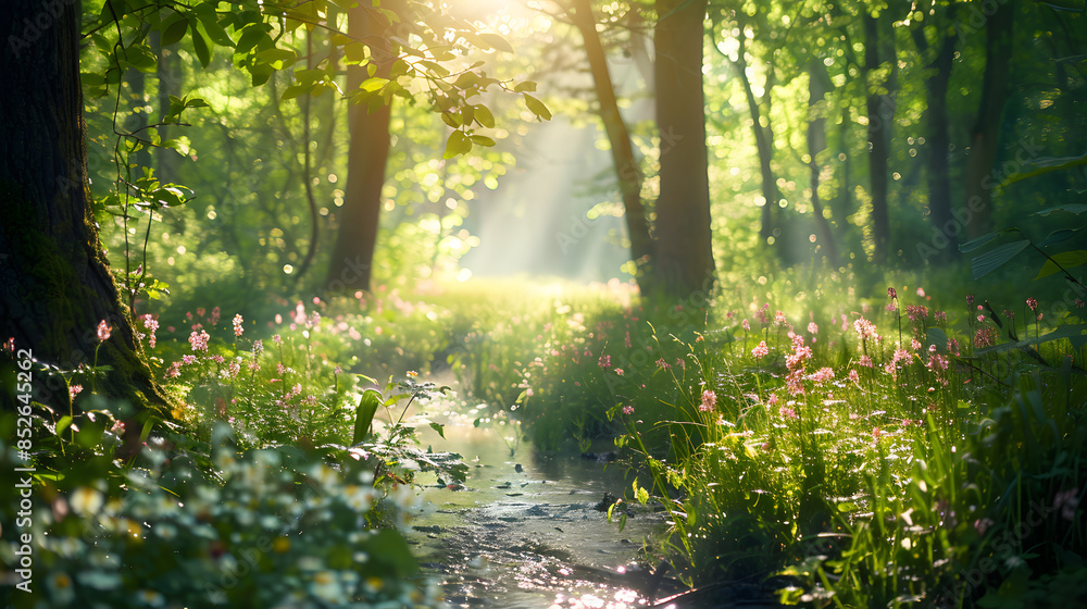 Obraz premium A hidden forest clearing with a gentle stream and wildflowers ideal for meditation and solitude.