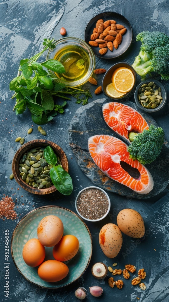 Fresh salmon steaks, spices and lemon slices falling on stone background Fresh salmon steaks, spices and lemon slices falling on stone background