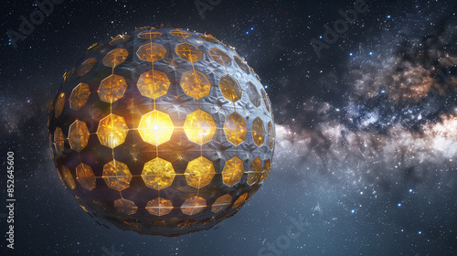 A alien megastructure, Dyson Spheres, Futuristic sci-fi structure resembling a solar sphere floating in outer space with a starry galaxy backdrop, emitting golden light from hexagonal panels.