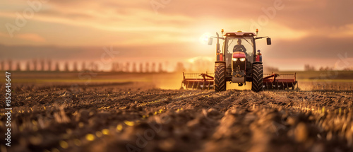 Tractor drilling seeding crops at farm field. Agricultural activity.