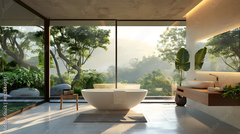 Fototapeta premium A luxurious bathroom with a freestanding tub and floor-to-ceiling glass walls offering panoramic views.