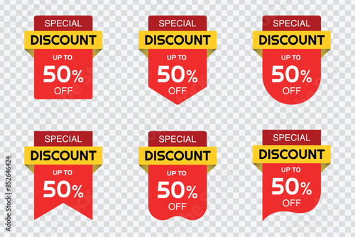"Set of discount labels: 50% off sale banners and special offer tag stickers. Vector design."