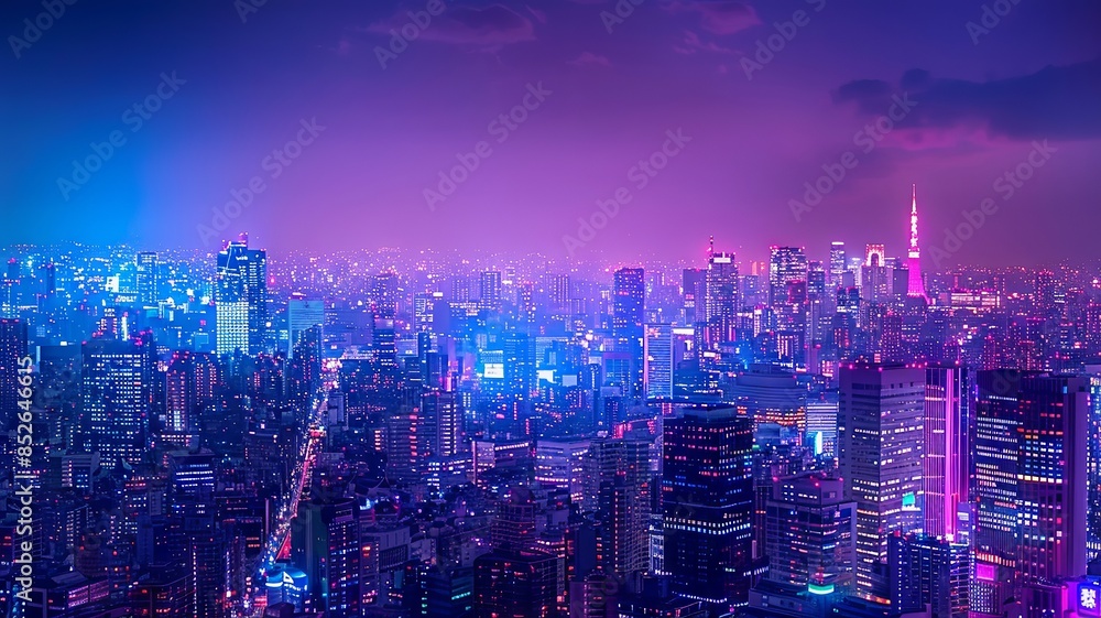 Obraz premium Neon-Lit Urban Landscape: A Futuristic Cityscape at Dusk
